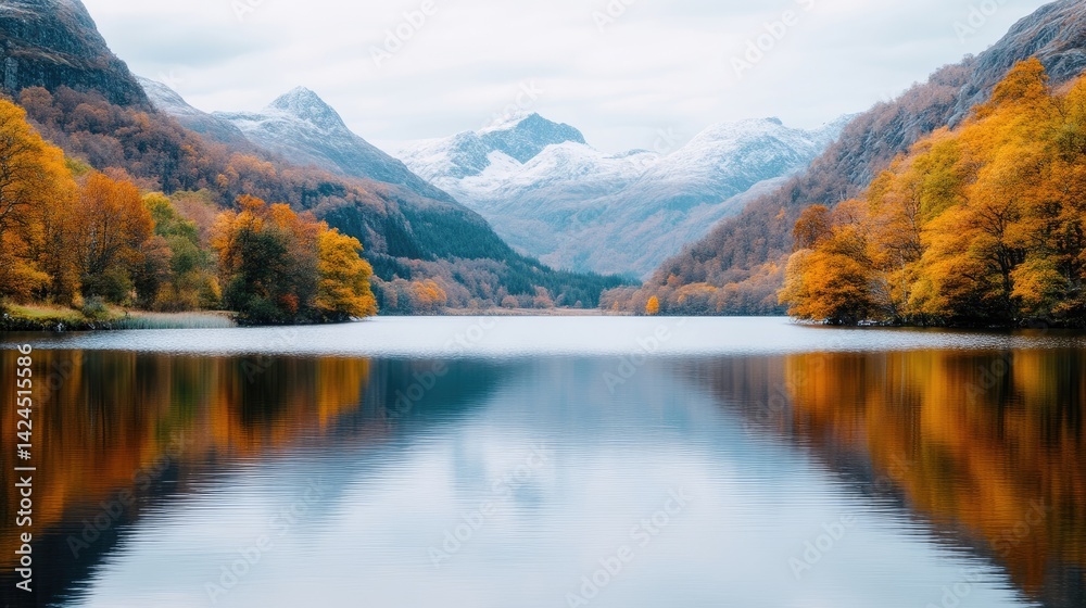 Obraz premium Scenic landscape of a calm lake reflecting vibrant autumn trees and snow-capped mountains under a cloudy sky.