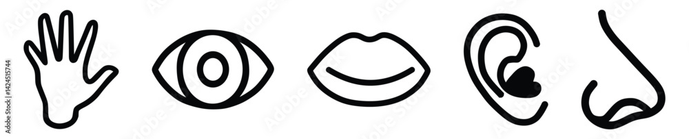 Five human senses editable stroke outline icons set isolated on white background flat vector illustration. Five human senses editable stroke outline icons set isolated on white background flat vector illustration.