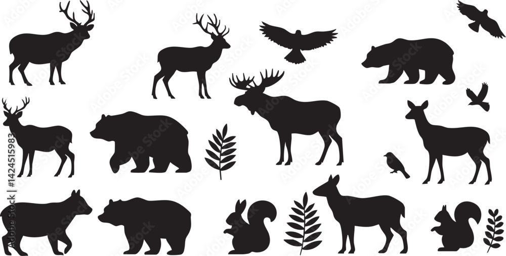 Naklejka premium Black vector set of wild and farm animal silhouettes illustration features horse, dog, cow, deer, cat, goat, elephant, wolf, sheep, tiger, and pig on the transparent background AI Generative