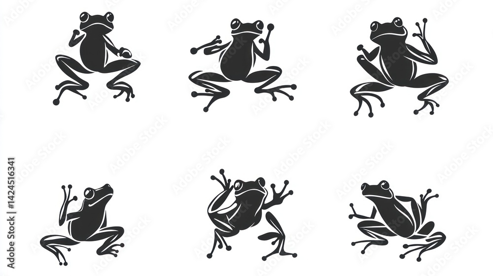 Naklejka premium Six stylized frog silhouettes, white background, design elements