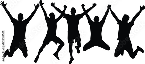 Cheering Silhouette Five Men Jumping with Arms Raised on Transparent Background