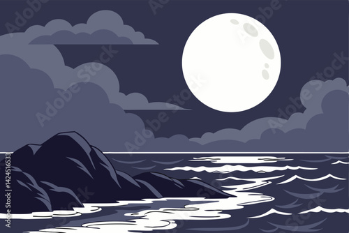 Full Moon Over Water Serene Nightscape with Rocky Shoreline