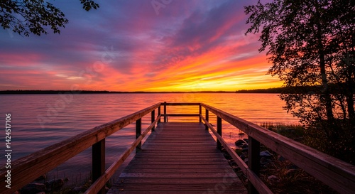Fototapeta Naklejka Na Ścianę i Meble -  A wooden pier extends into a calm lake under a vibrant sunset with trees and colorful skies above it