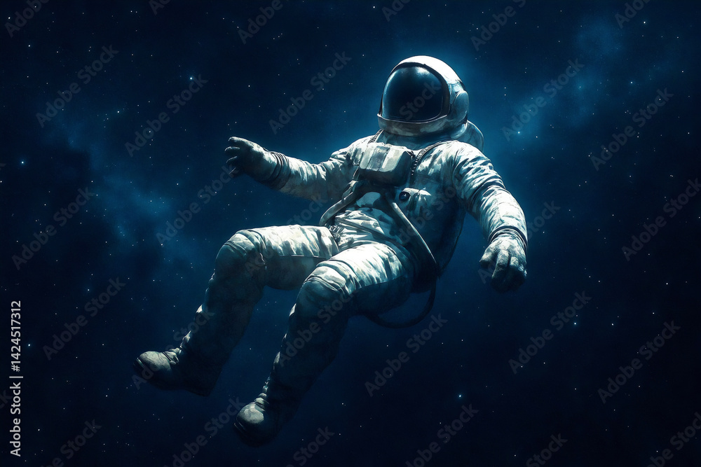 Dramatic close-up of an astronaut drifting in the darkness of space with distant stars, evoking exploration, isolation, and the mysteries of the universe for science or adventure themes. Dramatic close-up of an astronaut drifting in the darkness of space with distant stars, evoking exploration, isolation, and the mysteries of the universe for science or adventure themes.