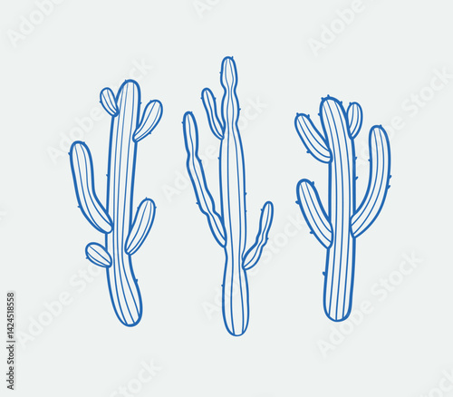 Hand-drawn cacti Illustrations. Line art, ink, minimalist style. Vector illustration. Summer collection.