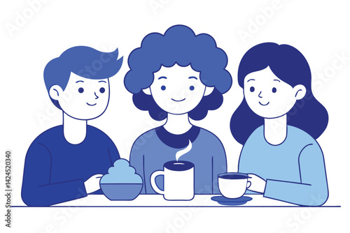 Diverse friends with mugs and dessert sitting at table on white background