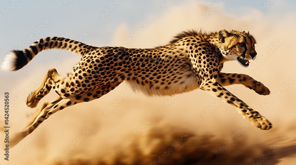 Obraz premium A cheetah in full sprint leaps across a sandy terrain with the sky visible in the background above it
