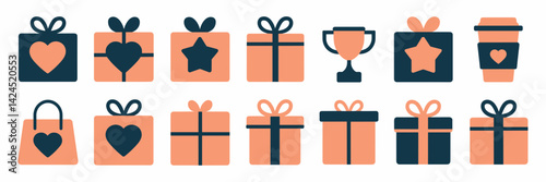 Vector sheet of gift box icons with various designs, including hearts, stars, and trophies – Perfect for celebrations, promotions, or gift-related content.