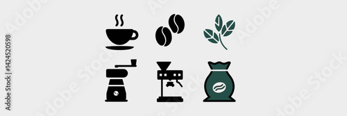 Vector illustration of coffee-related icons with plant, grinder, and sack – Ideal for clean and minimalistic designs.
