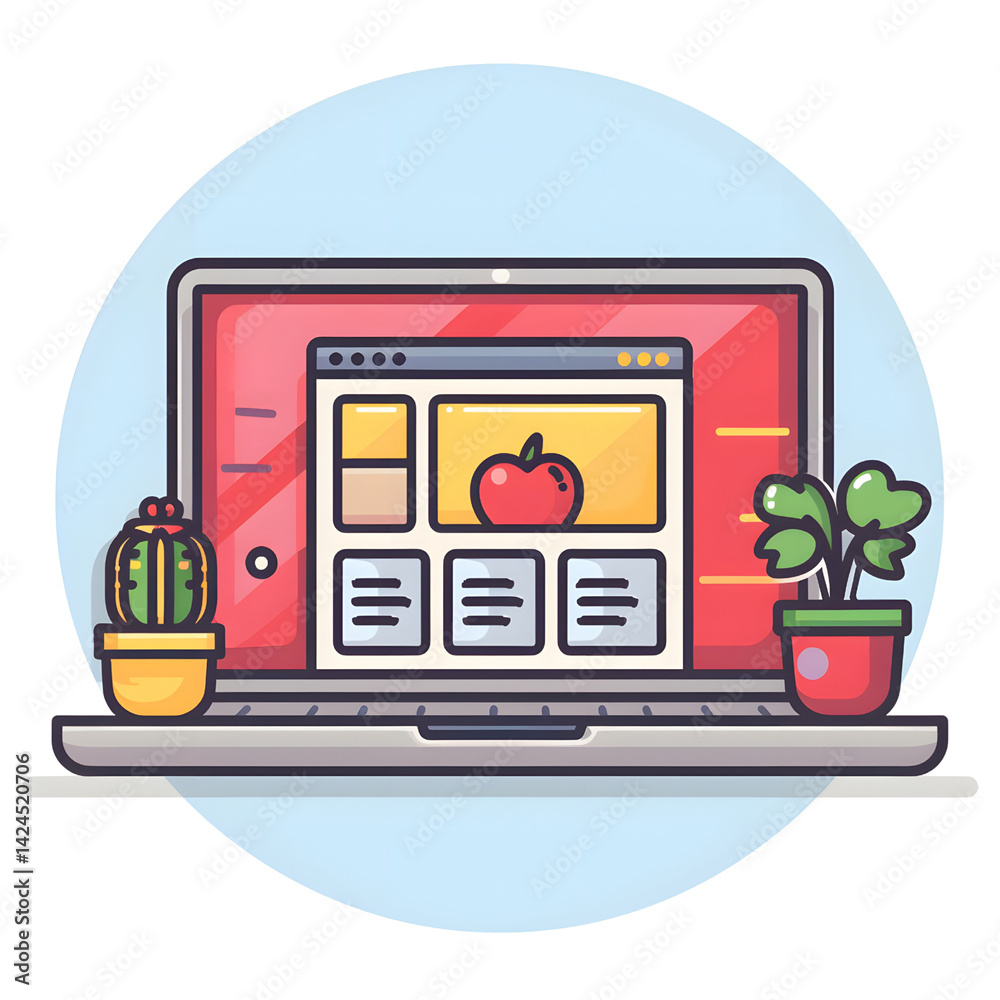 laptop displaying colorful website interface with red apple icon is surrounded by potted plants, creating vibrant and creative workspace atmosphere
