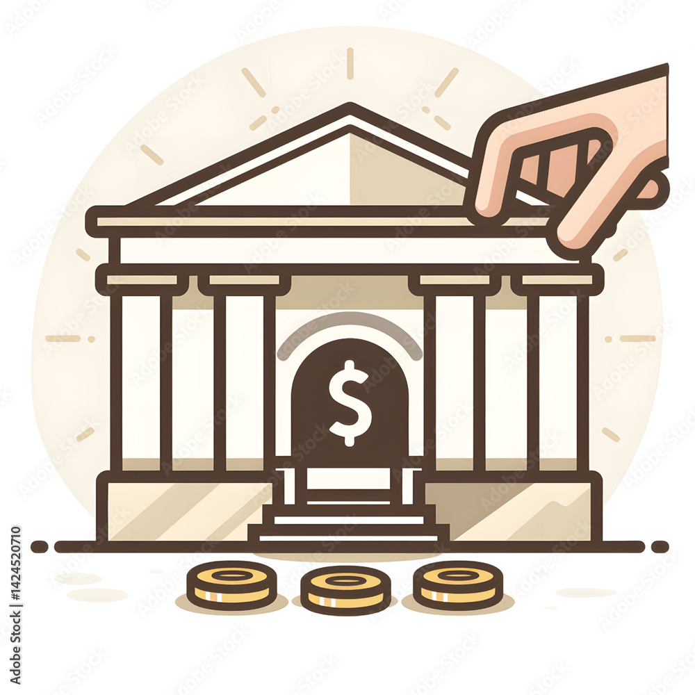 hand placing coins front of bank building icon, symbolizing financial savings and investment. illustration features classical bank facade with dollar sign, conveying concepts of banking