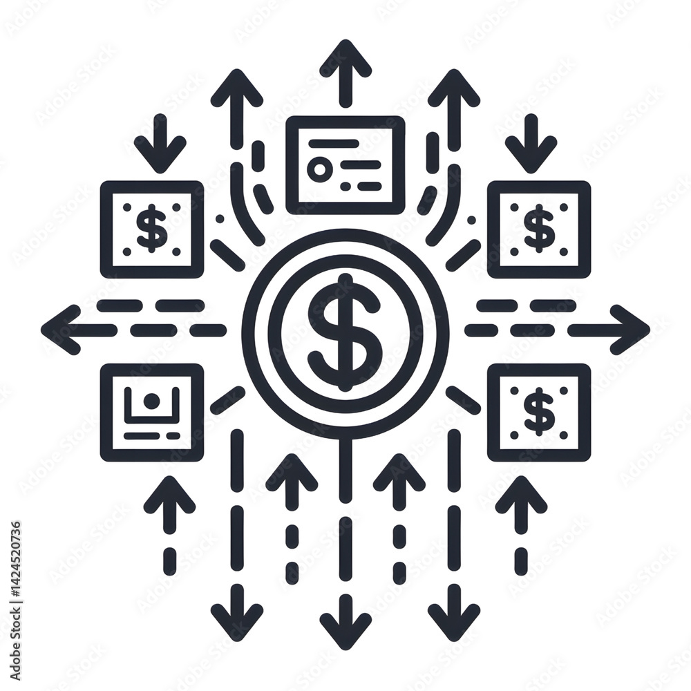 circular icon with central dollar sign is surrounded by arrows pointing outward, symbolizing financial distribution or investment. design is minimalistic and monochrome