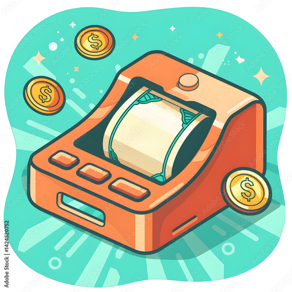 colorful illustration of retro cash register with floating coins, set against vibrant teal background, evokes sense of nostalgia and financial success