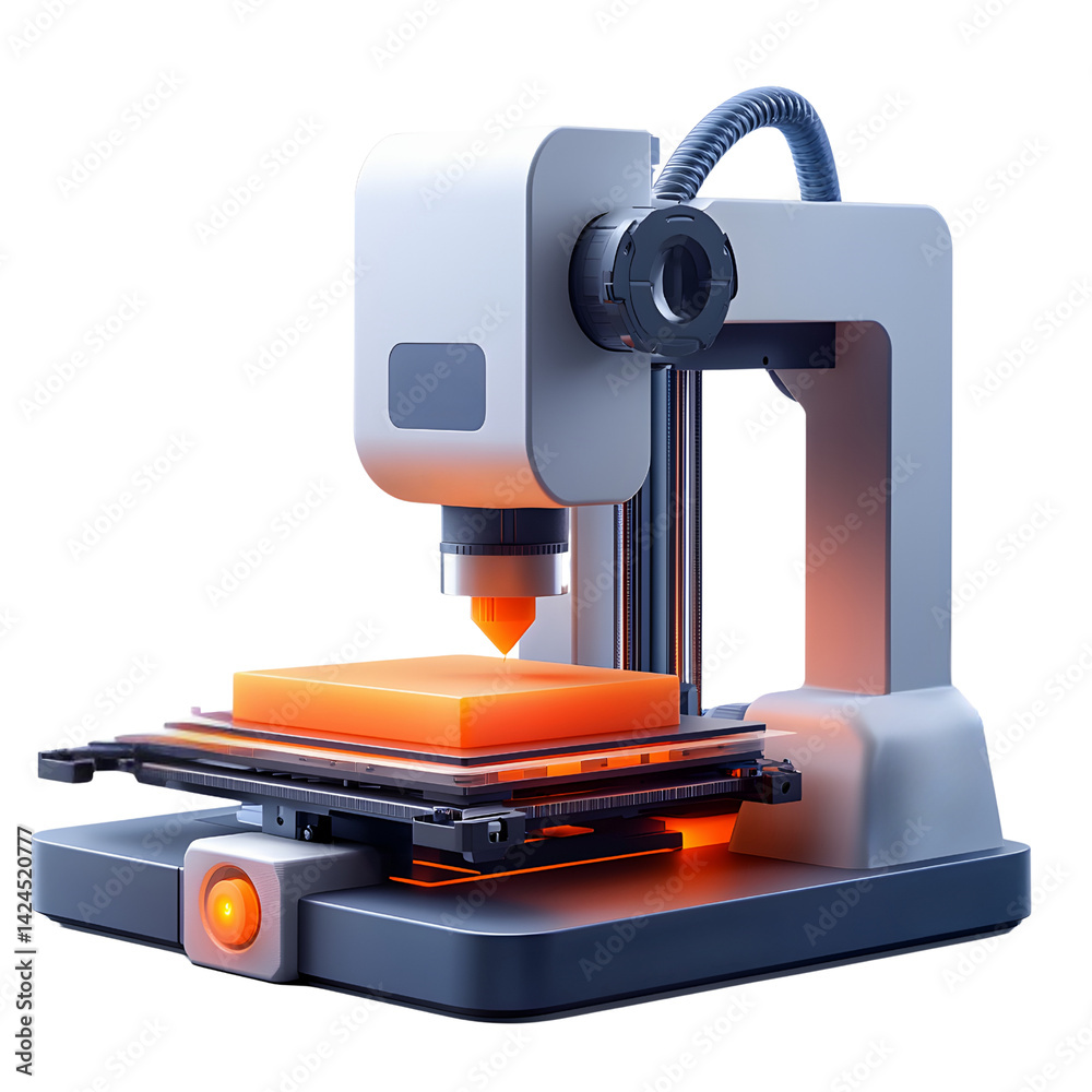 3D printer creating object with glowing orange filament, showcasing modern technology and innovation in manufacturing. machine is sleek and futuristic, emphasizing precision and efficiency