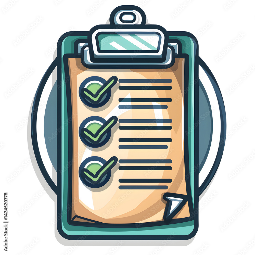 colorful illustration of clipboard with checklist, featuring green checkmarks on paper. design is outlined in bold lines, giving it cartoonish and vibrant appearance