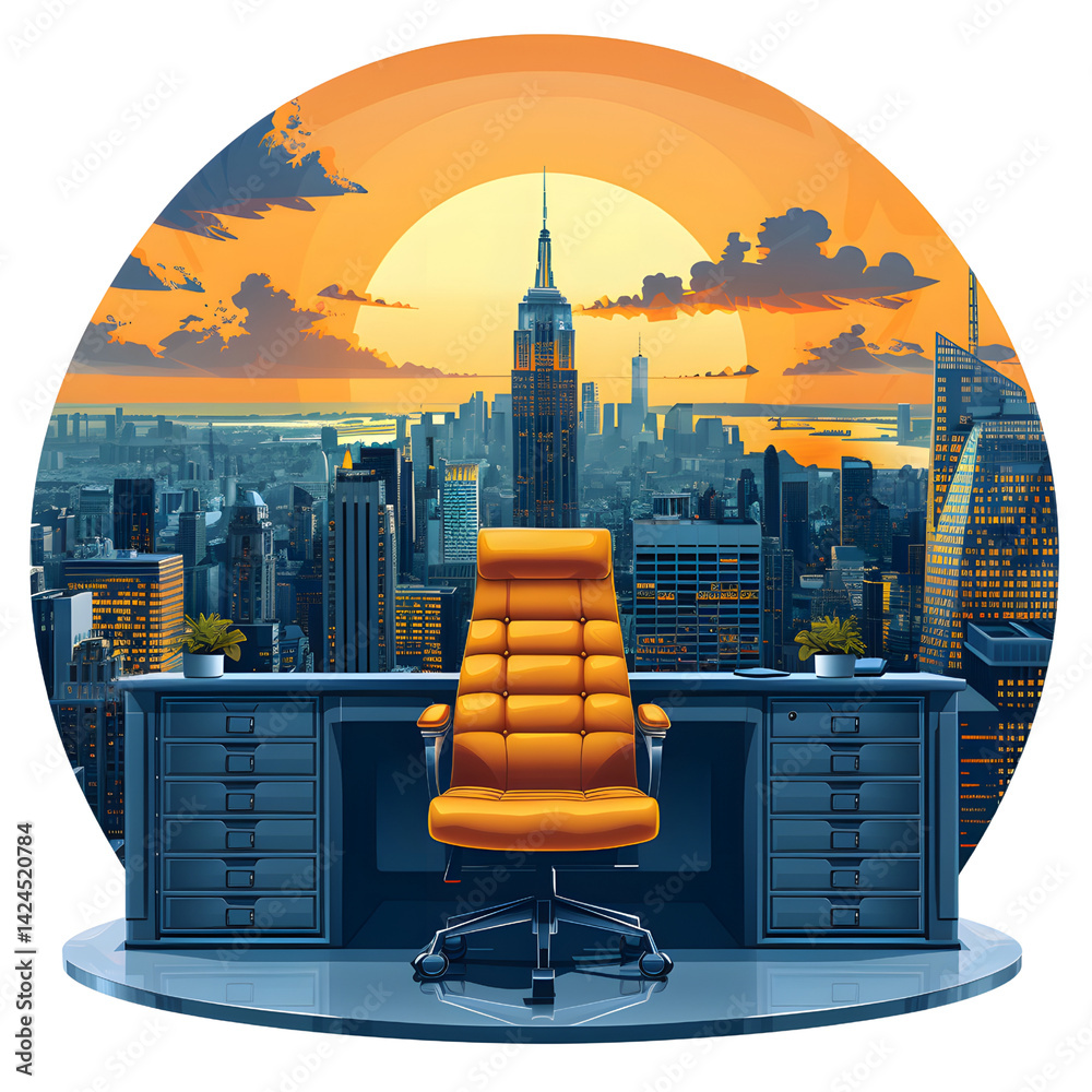 modern office setup with sleek orange chair and desk overlooks stunning city skyline at sunset, creating vibrant and inspiring workspace