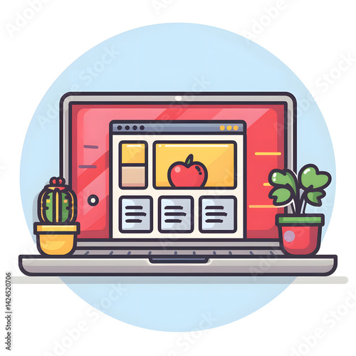 Obraz na płótnie laptop displaying colorful website interface with red apple icon is surrounded by potted plants, creating vibrant and creative workspace atmosphere w salonie