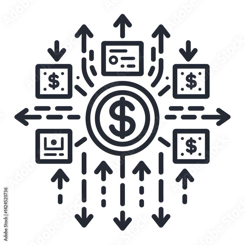 Obraz na płótnie circular icon with central dollar sign is surrounded by arrows pointing outward, symbolizing financial distribution or investment. design is minimalistic and monochrome w salonie
