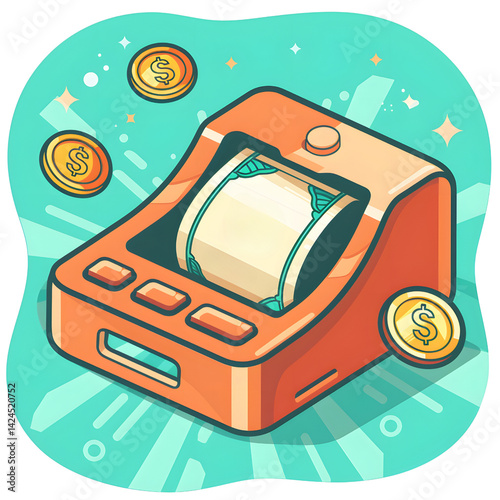 Obraz na płótnie colorful illustration of retro cash register with floating coins, set against vibrant teal background, evokes sense of nostalgia and financial success w salonie