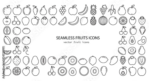 Outlined Fruit Icons Frame – Seamless Minimal Line Art Vector of Fruits for Design and Decoration