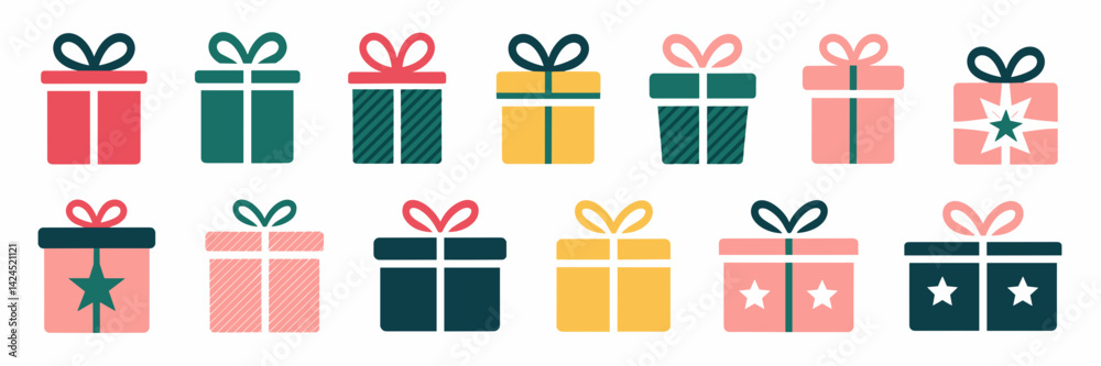 Vector sheet of gift box icons with different shapes and sizes – Great for branding, e-commerce, or holiday marketing. Vector sheet of gift box icons with different shapes and sizes – Great for branding, e-commerce, or holiday marketing.