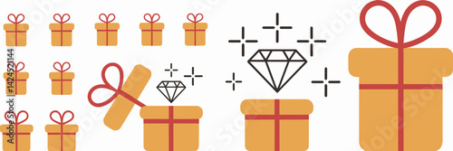 Vector sheet with gift boxes, diamond, and ribbons – Great for luxury, holiday gifting, and special occasion promotions.