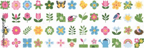 Spring vector icons including flowers, insects, and nature symbols – Great for seasonal branding, nature conservation content, or eco-friendly designs.