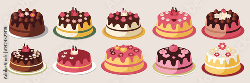Vector sheet with cakes in various designs – Great for baking tutorials, food art, or party planning materials.