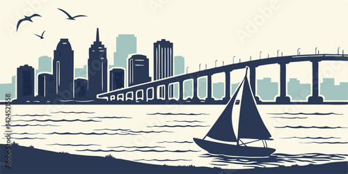 A captivating San Diego vector silhouette skyline showcasing the city’s beautiful coastline, urban skyline, and iconic Coronado Bridge.