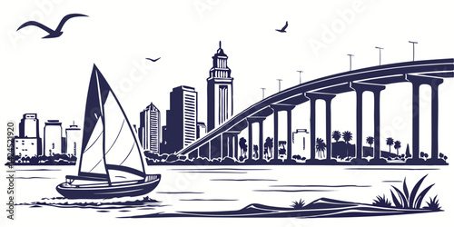 San Diego vector silhouette skyline showcasing the city’s beautiful coastline, urban skyline, and iconic Coronado Bridge.