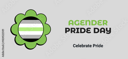 A vector banner for Agender Pride Day on May 19th features a flower with the agender flag at its center, designed in a bold neo-brutalist style, diversity, and pride.	