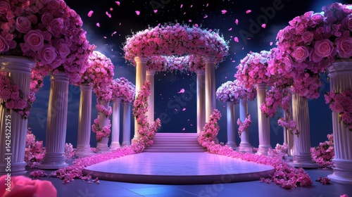 Romantic Floral Wedding Stage with Rose Petal Confetti