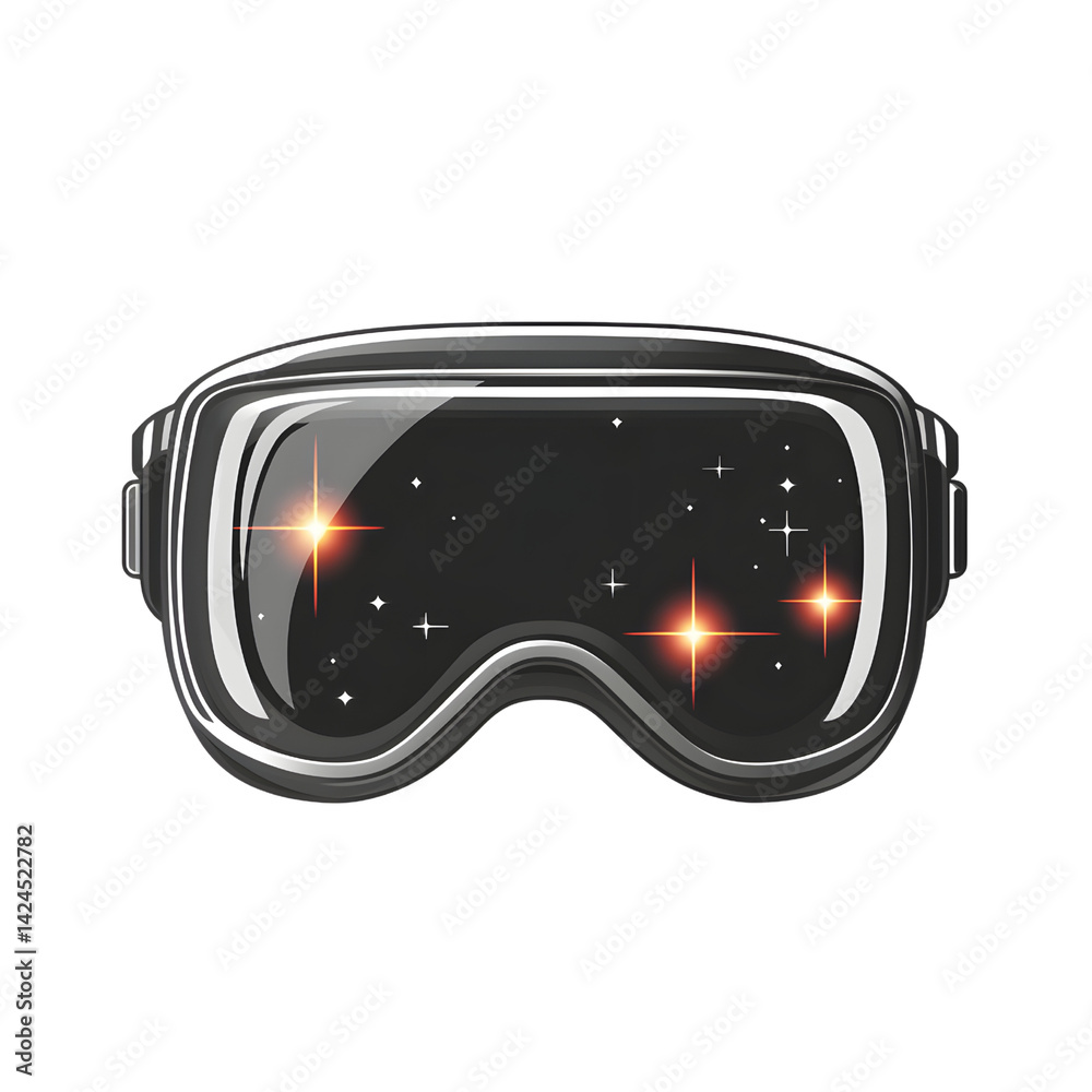 pair of futuristic goggles with starry night reflection, featuring bright stars and sleek design. goggles evoke sense of adventure and exploration