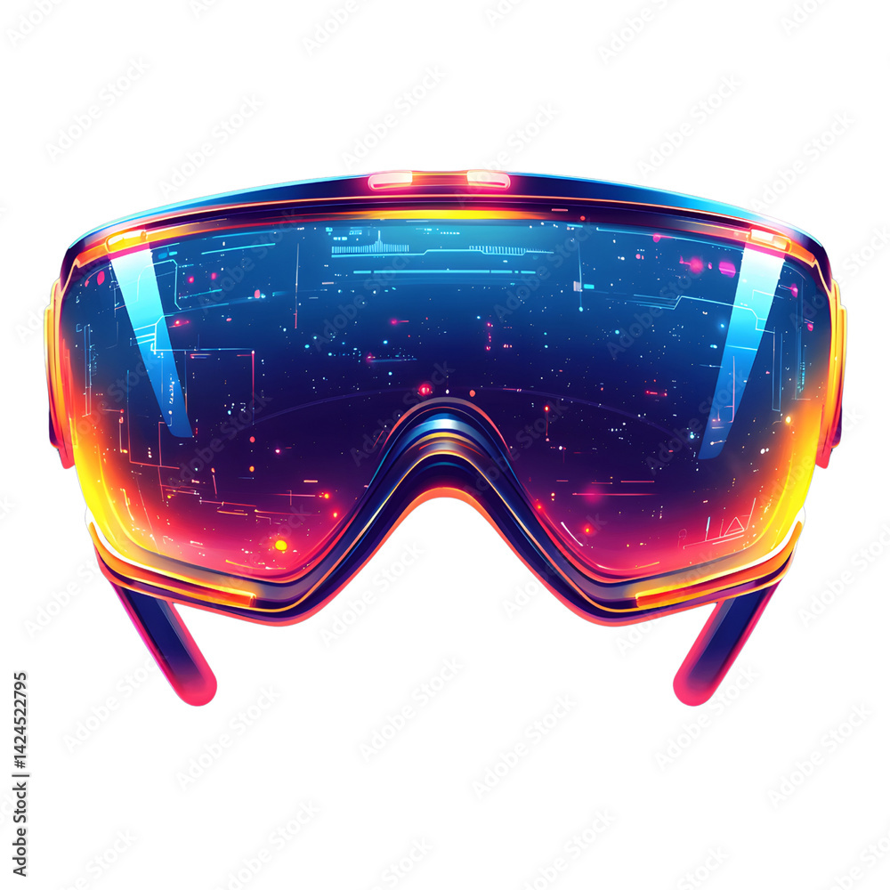 Futuristic virtual reality goggles with vibrant, neon color scheme and digital interface, set against transparency background, evoke sense of innovation and technology
