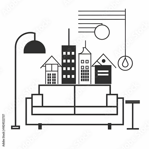Cityscape on a Sofa. Minimalist Urban Architecture Line Art