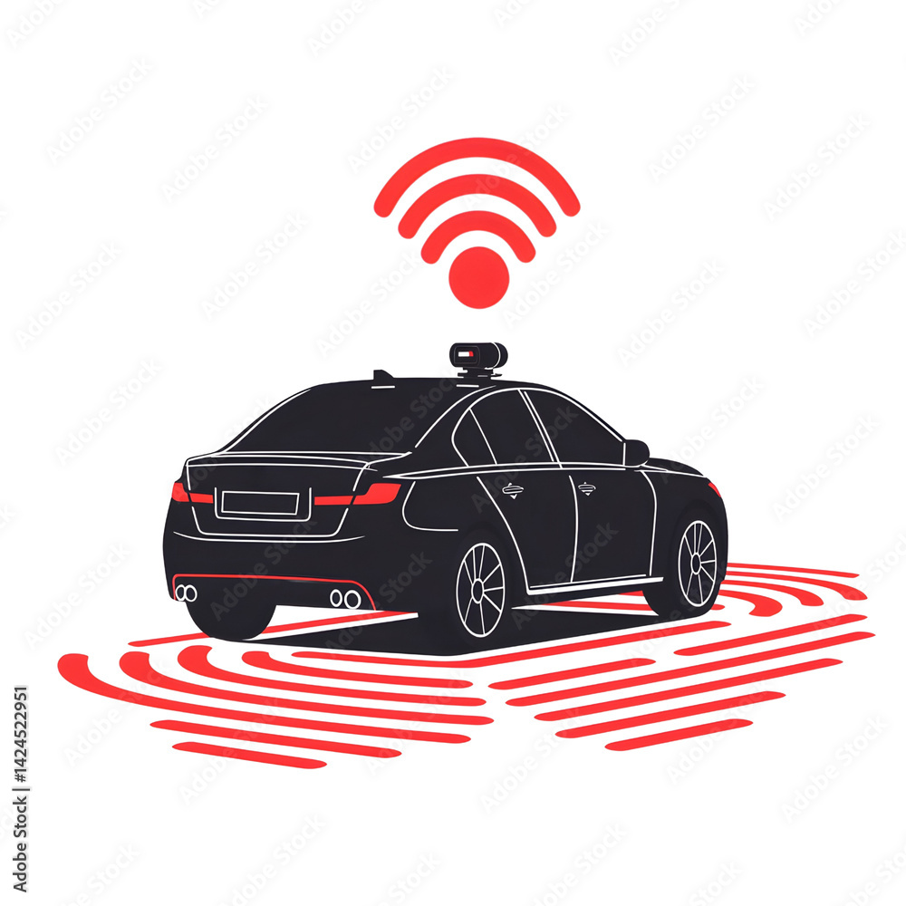 Autonomous car illustration with wireless connectivity symbol, showcasing modern technology and innovation in transportation. design features sleek vehicle with digital elements