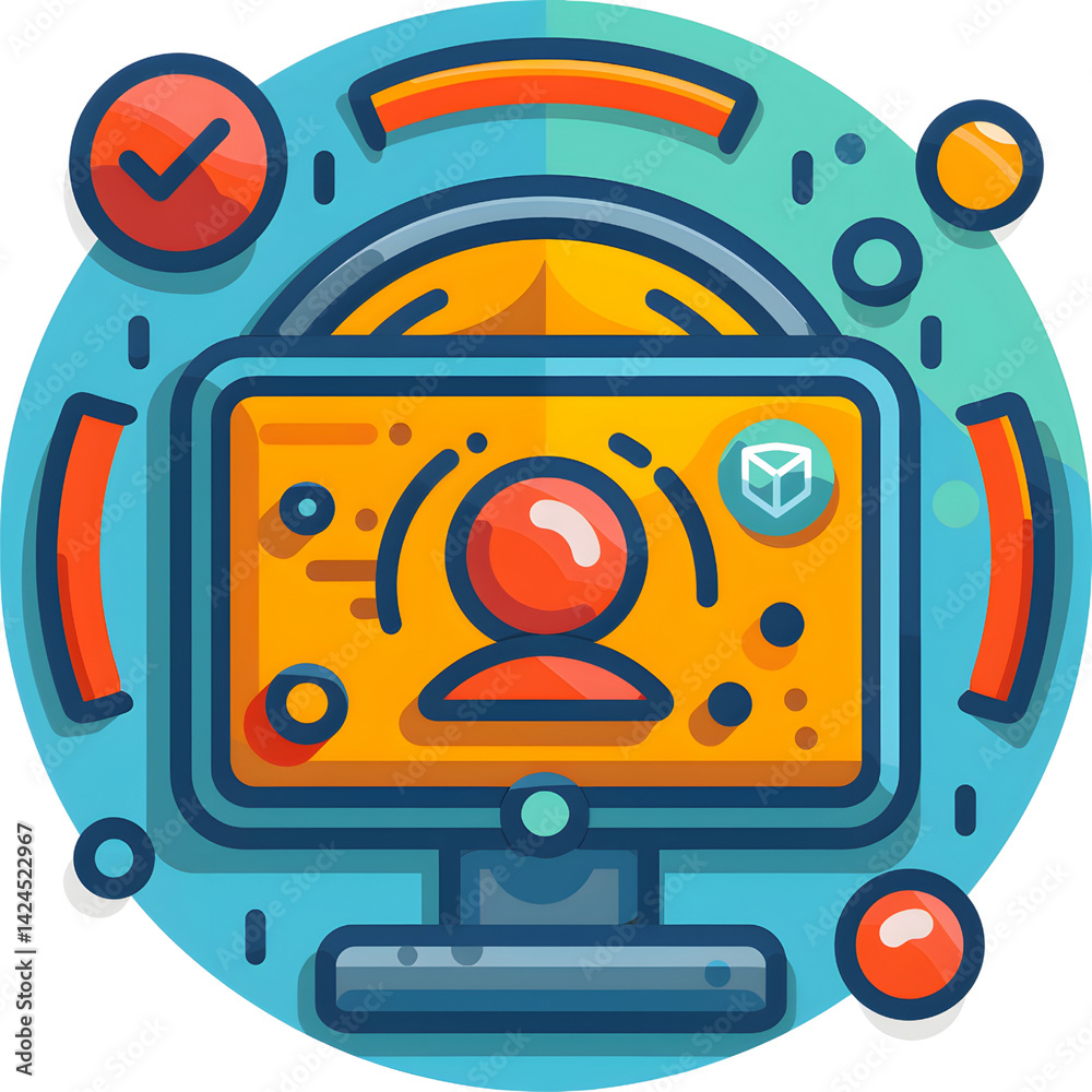 colorful digital illustration of computer screen displaying user profile icon, surrounded by abstract shapes and symbols, conveying sense of connectivity and technology