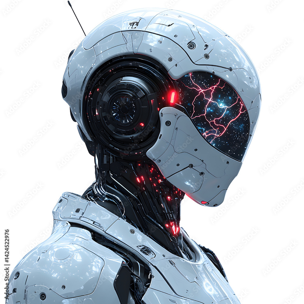futuristic humanoid robot with sleek white exterior and glowing red accents stands against transparent background. Its intricate design features visible circuitry and helmet like head