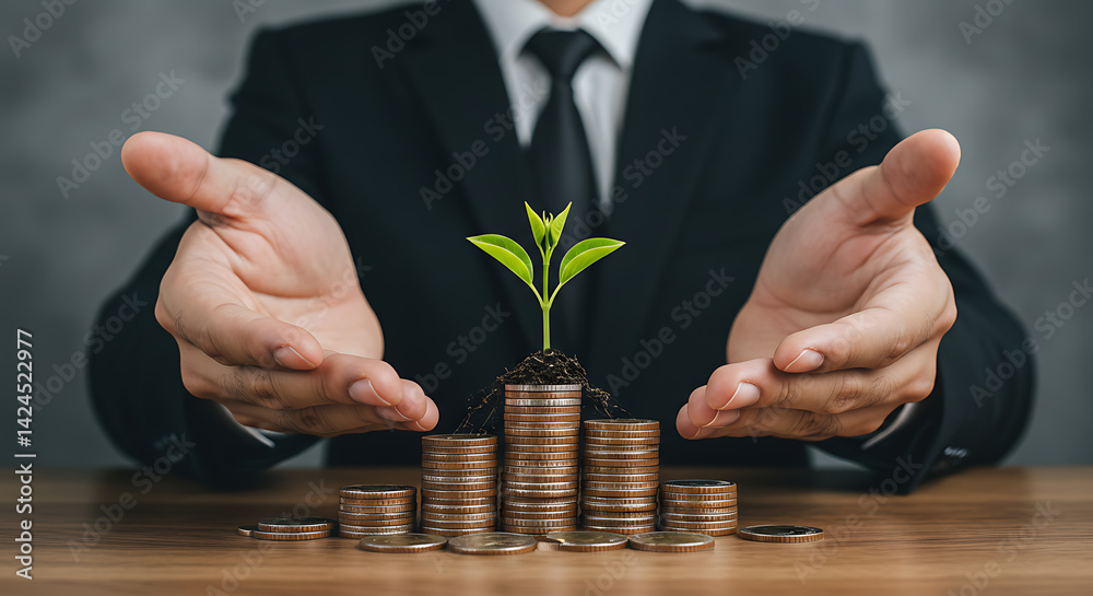 Businessman Protecting Plant Growing on Stacked Coins Investment Concept