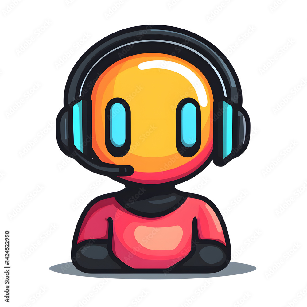 colorful cartoon robot wearing headset, designed in modern and playful style, stands out with its vibrant colors and friendly appearance. robot expression is cheerful and inviting