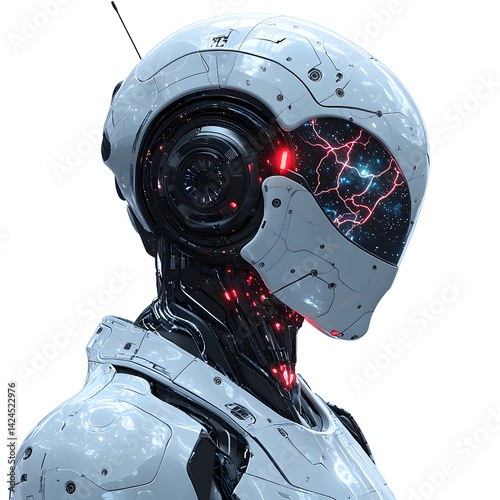 Obraz na płótnie futuristic humanoid robot with sleek white exterior and glowing red accents stands against transparent background. Its intricate design features visible circuitry and helmet like head w salonie