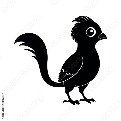 Black Vector Silhouette of Cute Baby Tailed Trogon on White Background