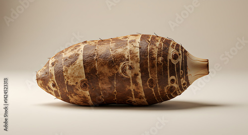 Single Whole Taro Root Vegetable with Skin Texture on Plain Background