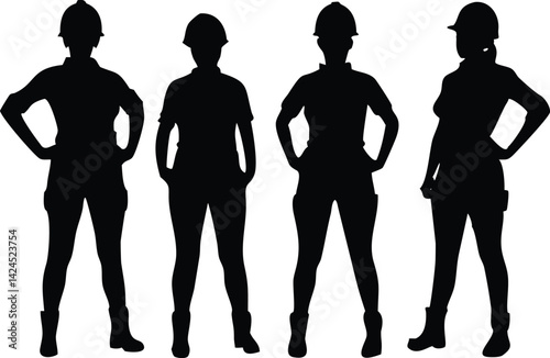 Group Silhouette Four Diverse Women Wearing Hard Hats with Confident Poses