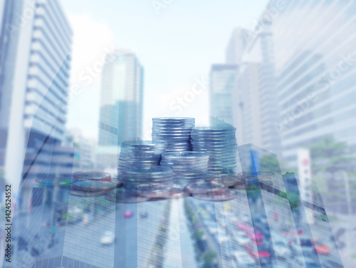 Foto Double exposure of coins and buildings in financial district.