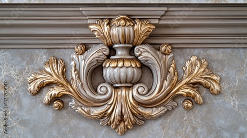 Ornate, gilded plaster molding design adorning a light beige marble surface. photo