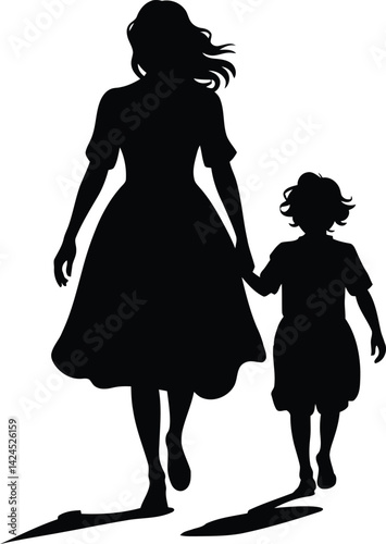 Mother and Child Walking Silhouette with Flowing Dress, Curly Hair, and Holding Hands in Black and White