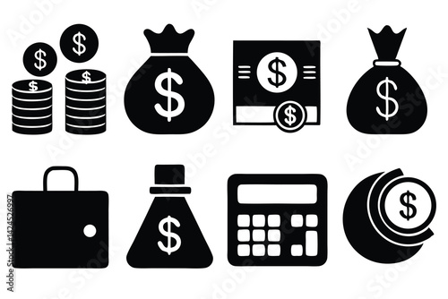 Money Symbol Icon Set Bags, Coins, Calculator, Briefcase, Dollar Signs, Currency