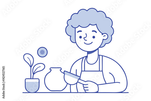 Outlined Artist Woman Potting Plants With Ladle White Background Minimal Design