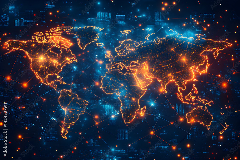 Glowing World Map Digital Network Abstract Background Glowing World Map Digital Network Abstract Background